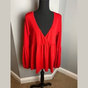 Deep V-Neck Peplum Blouse with Puffy Sleeve